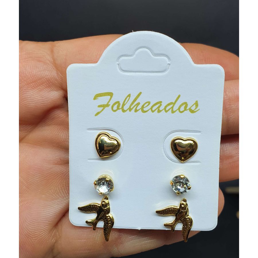 Kit De Brincos Folheados Dourado Pássaro 