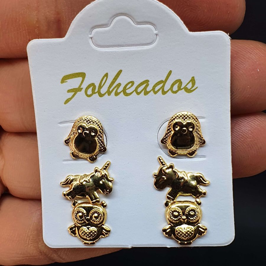 Kit De Brincos Folheados Dourado Unicórnio 