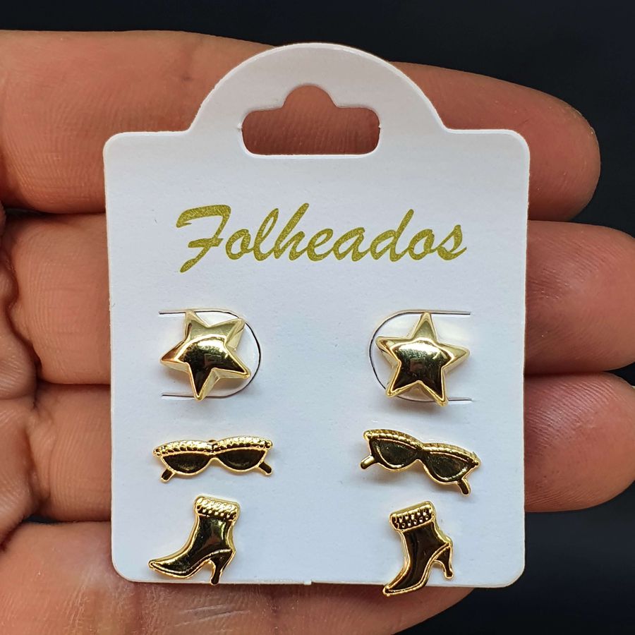 Kit De Brincos Folheados Dourado óculos 