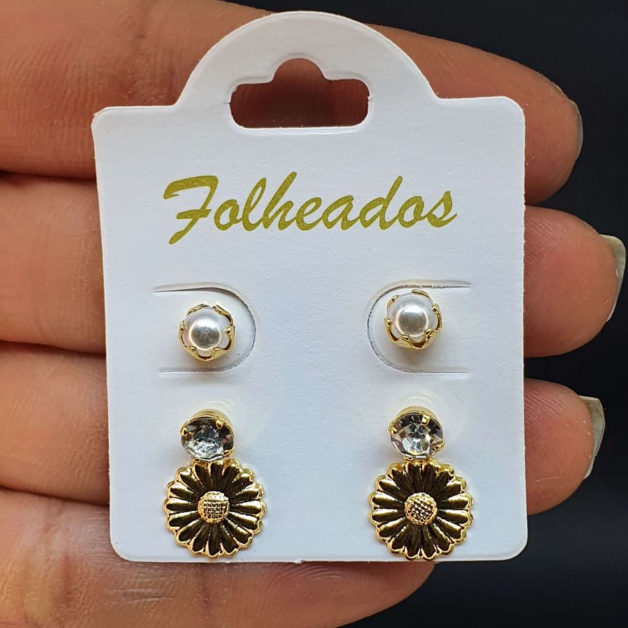 Kit De Brincos Folheados Dourado Girassol 