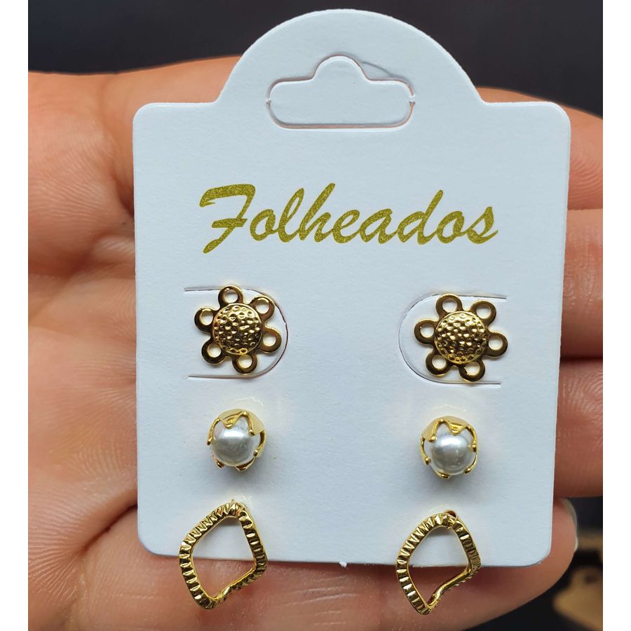 Kit De Brincos Folheados Dourado Flor 