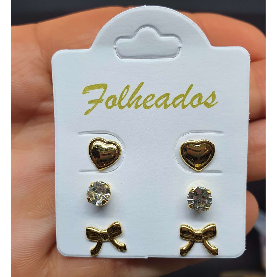 Kit De Brincos Folheados Dourado Laço 