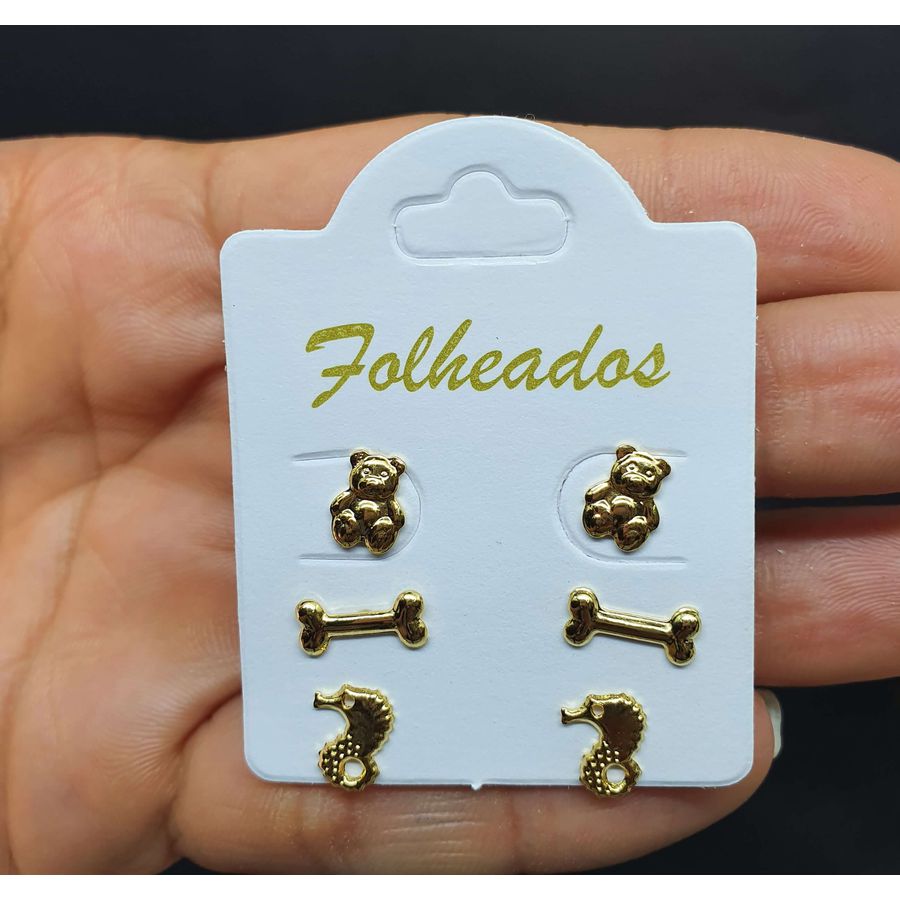 Kit De Brincos Folheados Ouro 18K Cavalo Marinho 