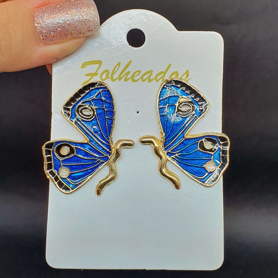 Brinco Folheado Dourado Esmaltado Borboleta Azul 