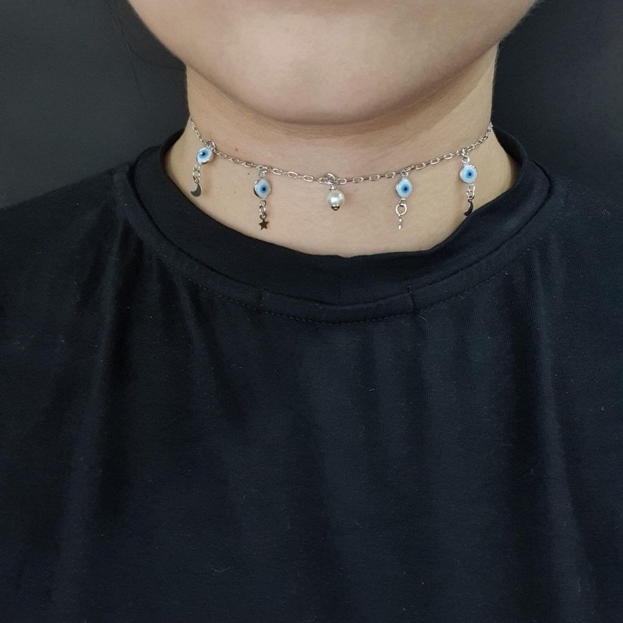 Colar Choker Folheado Prata Olho Grego 