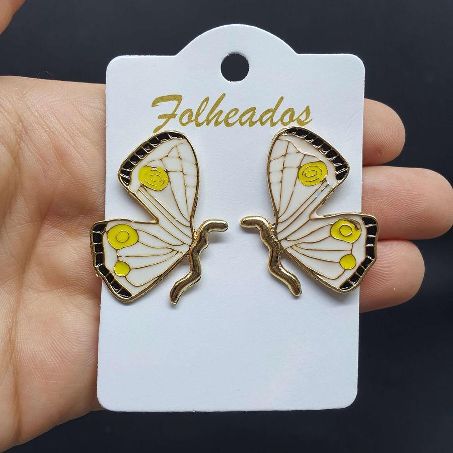 Brinco Folhado Anti alérgico Dourado Borboleta Branco e Preto