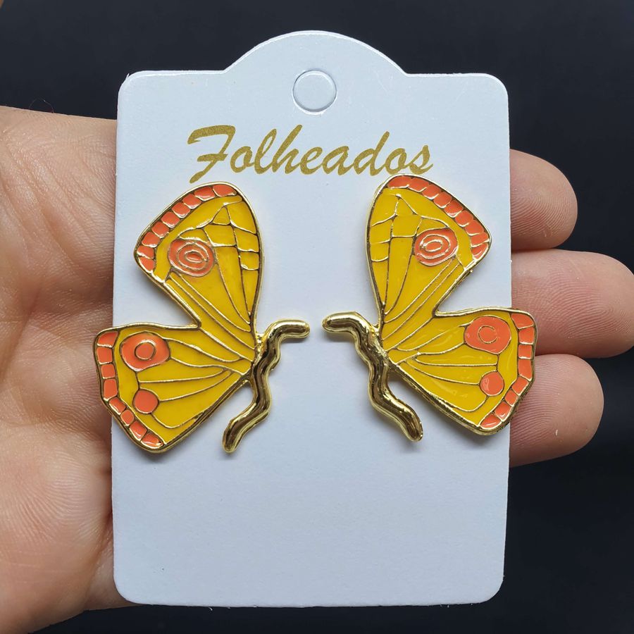 Brinco Folhado Anti alérgico Dourado Borboleta Amarelo 