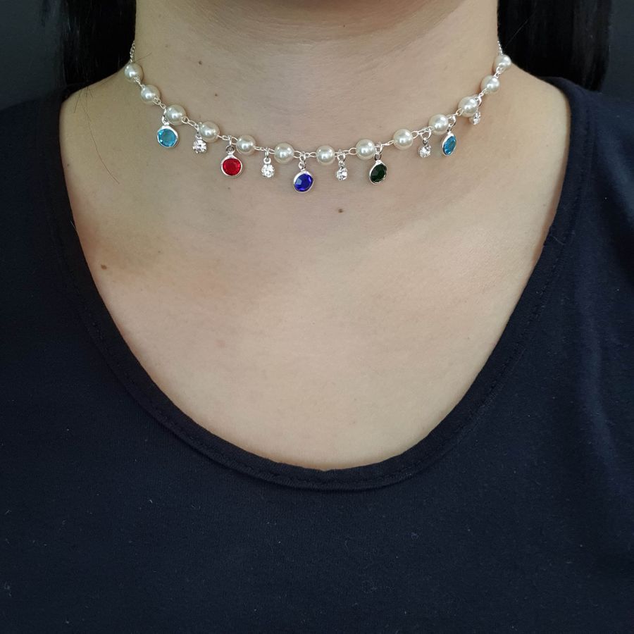 Colar Choker Folheado a Prata 925 Pérolas Colorido 