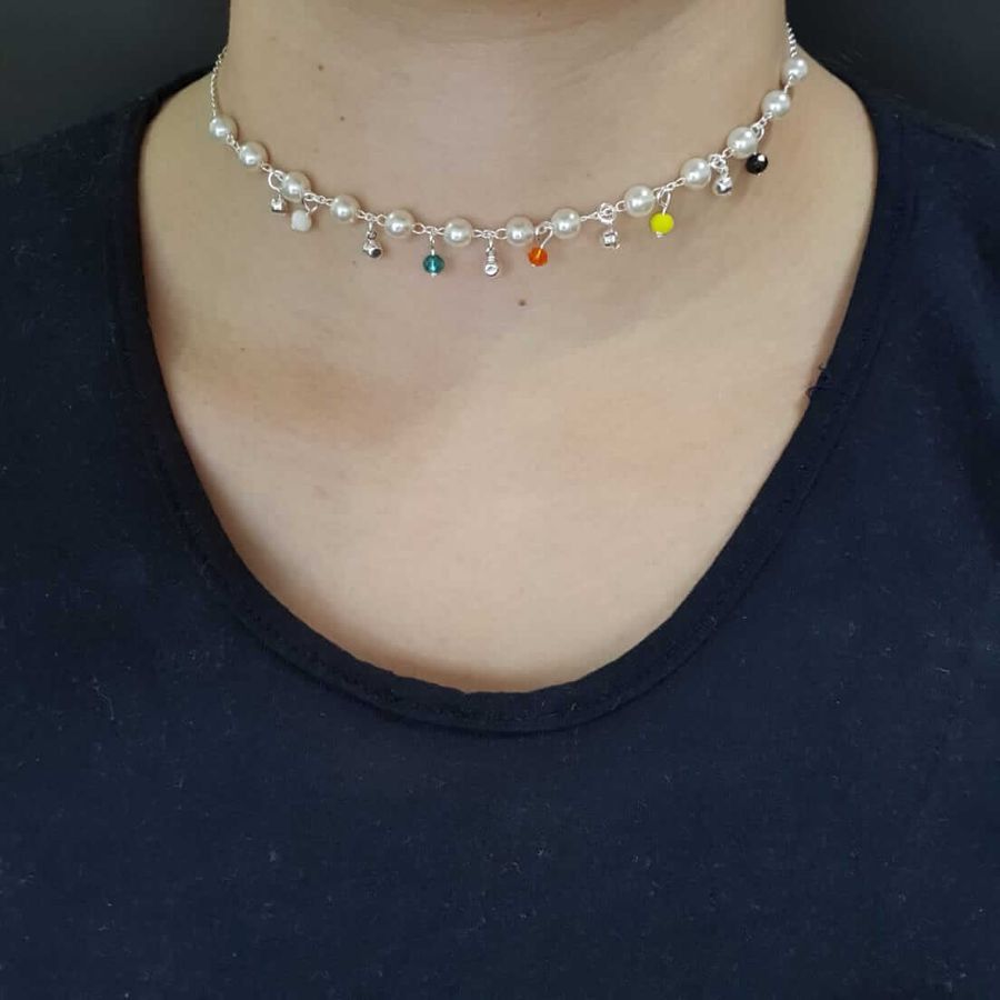 Colar Choker Folheado a Prata 925 Pérolas Colorido 