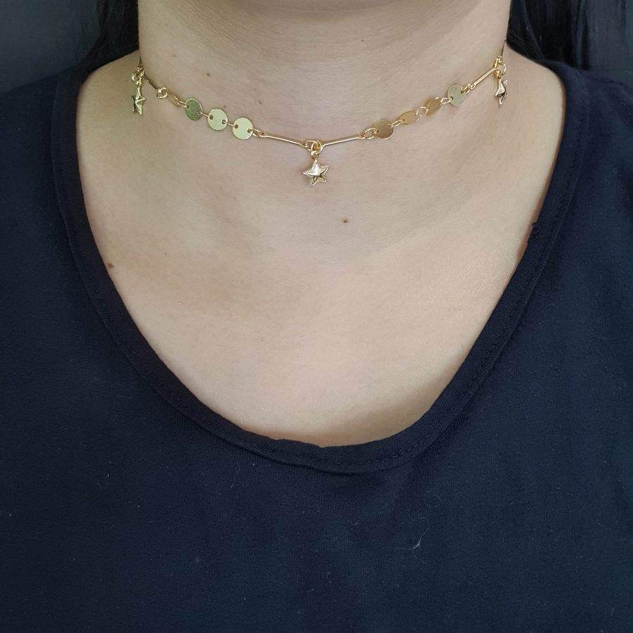 Colar Choker Folheado Dourado Estrela