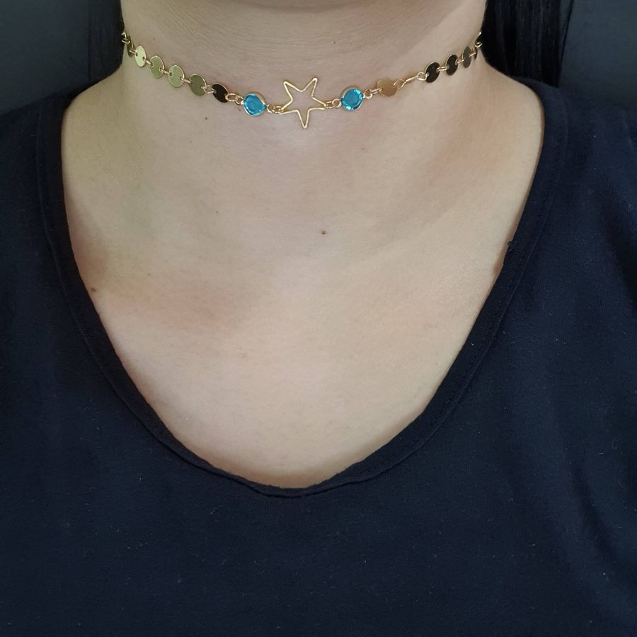 Colar Choker Folheado Dourado Estrela 