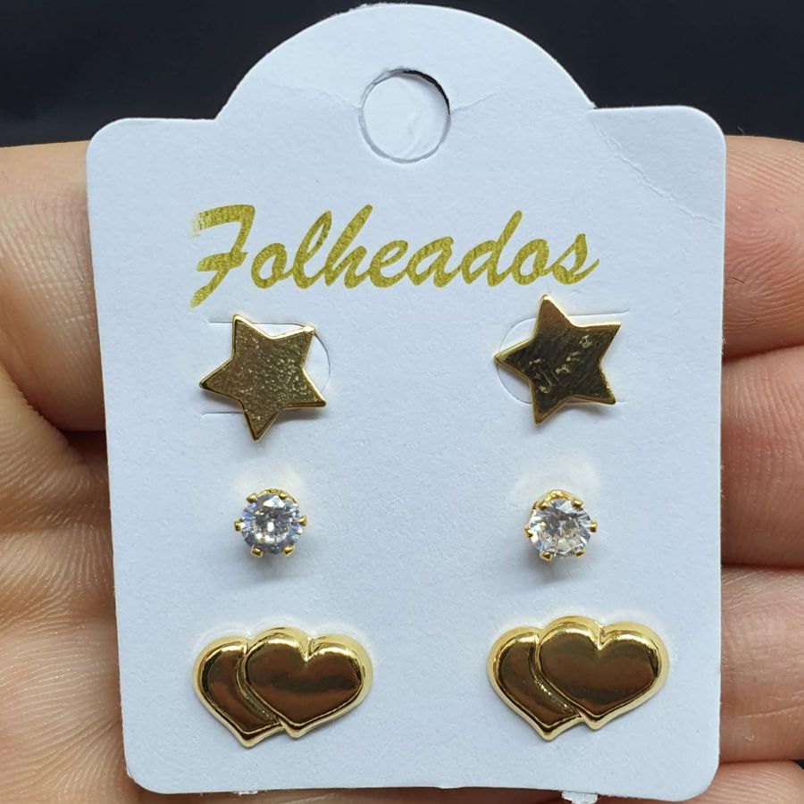 Kit De Brincos Folheados Dourado Coração 