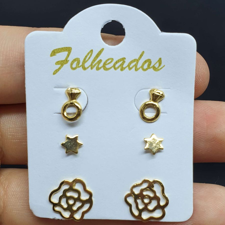 Kit De Brincos Folheados Dourado Rosa