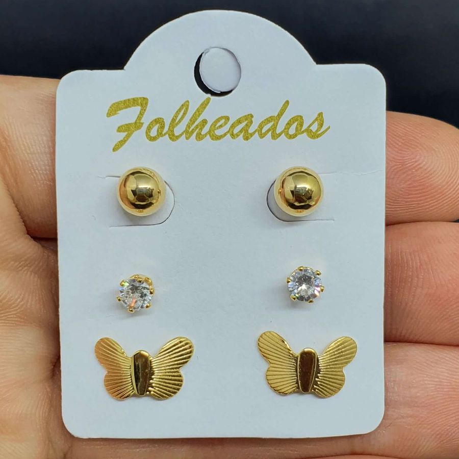 Kit De Brincos Folheados Dourado Borboleta 