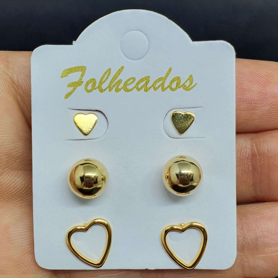 Kit De Brincos Folheados Dourado Coração 