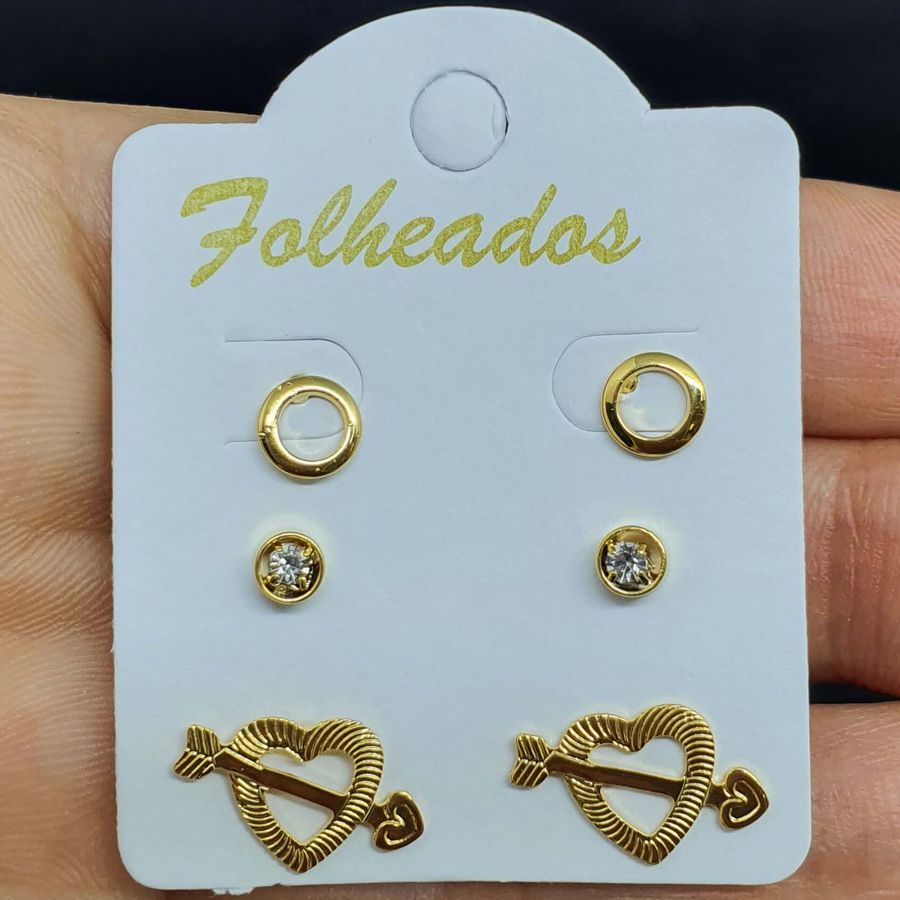 Kit De Brincos Folheados Dourado Coração Flechado 