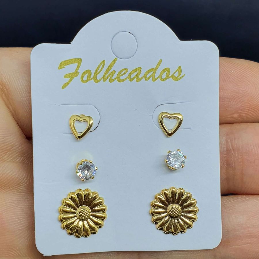 Kit De Brincos Folheados Dourado Flor