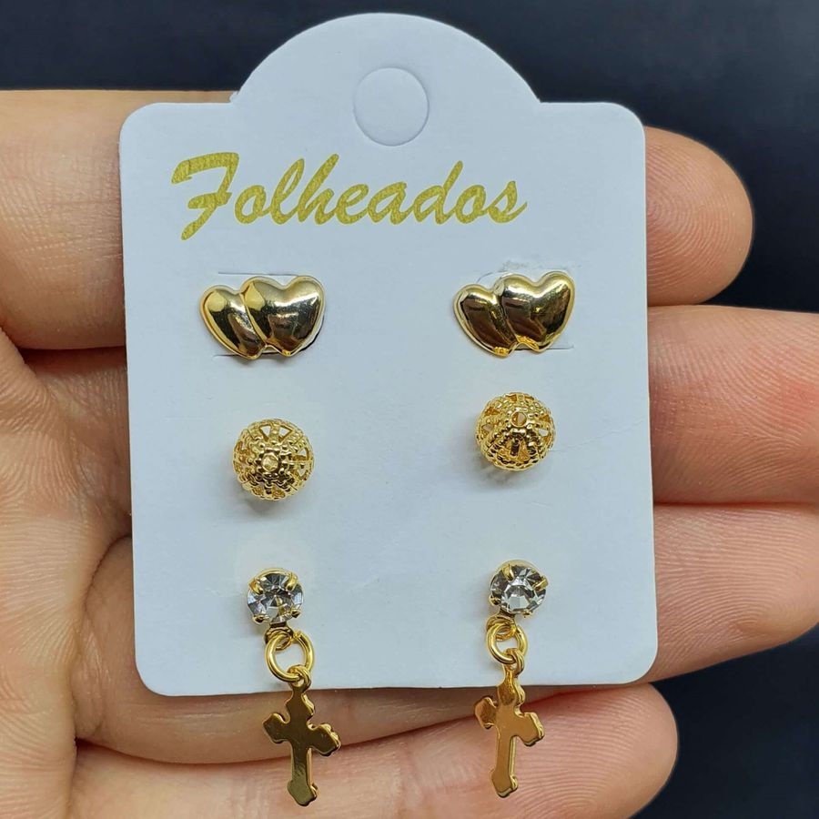 Kit De Brincos Folheados Dourado Cruz 