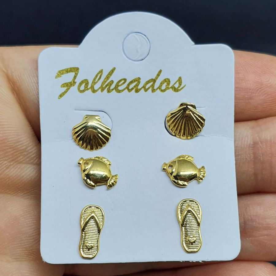 Kit De Brincos Folheados Dourado Concha 