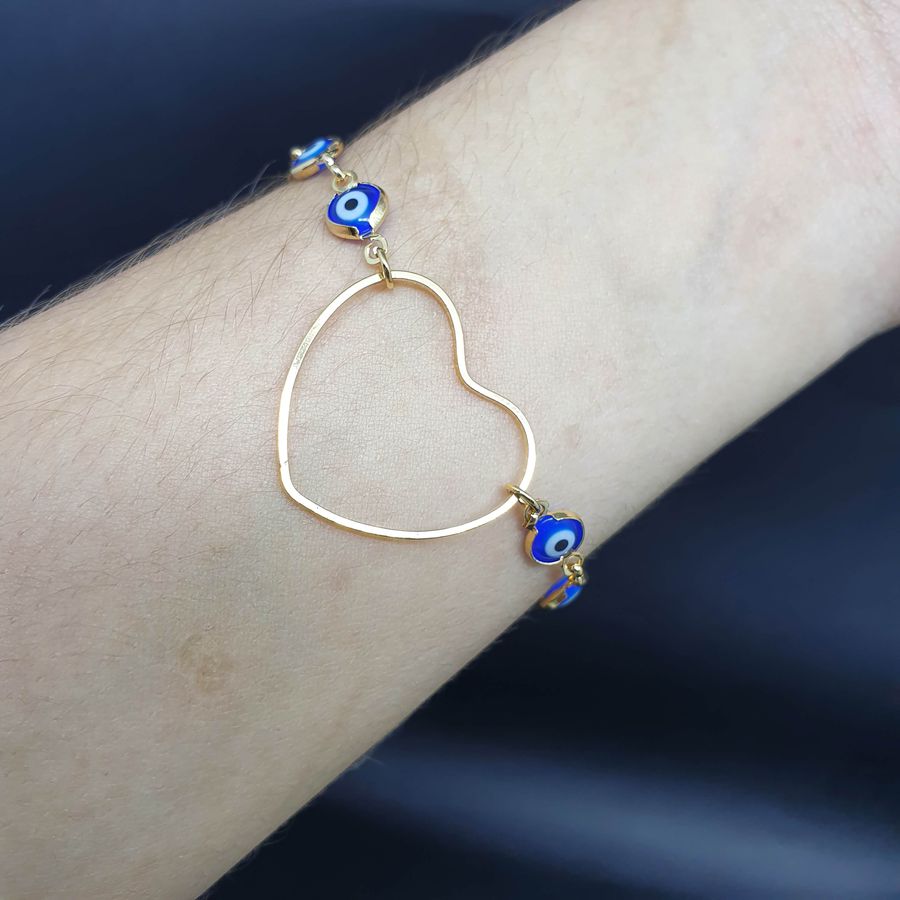 Pulseira Folheada Dourada Olho Grego e Coração 