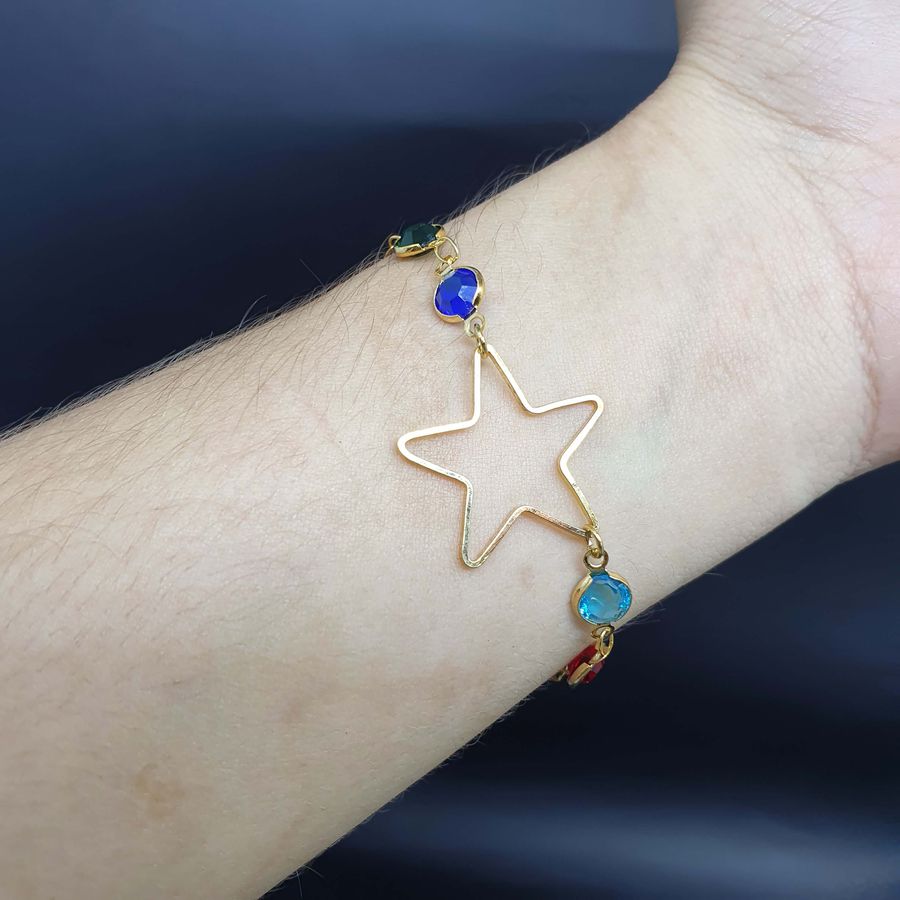 Pulseira Folheada Dourada Estrela Colorida