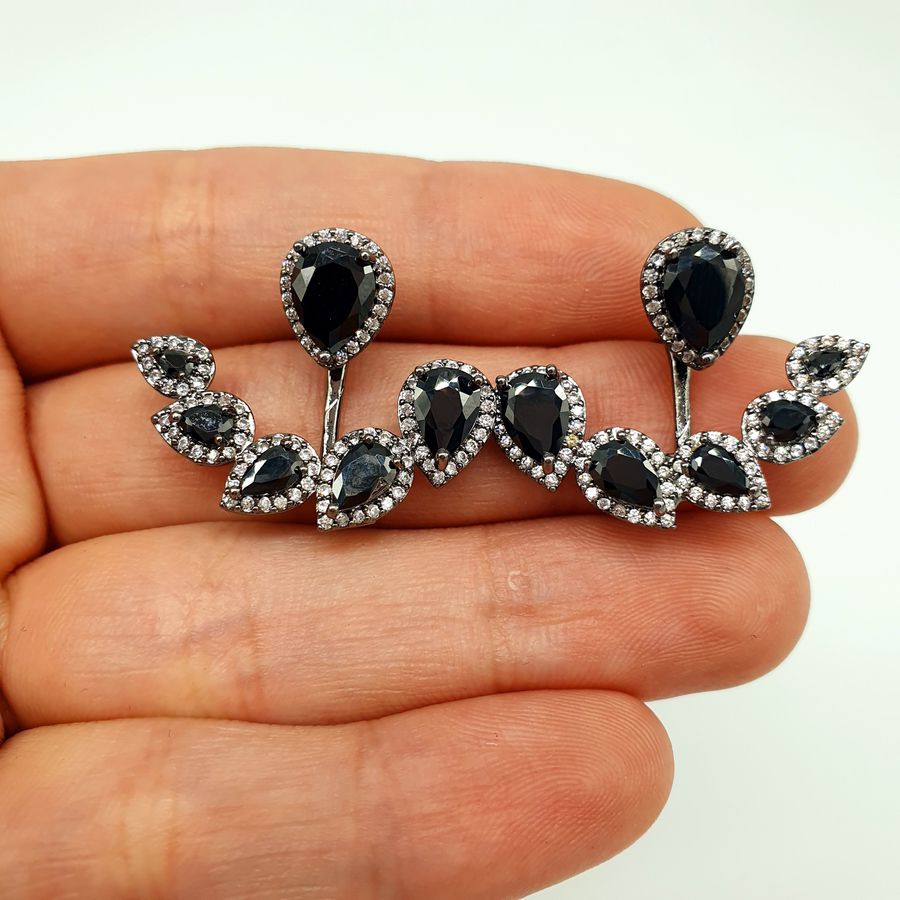 Brinco Ear Hook Semi Joia Ródio Negro Hematita 