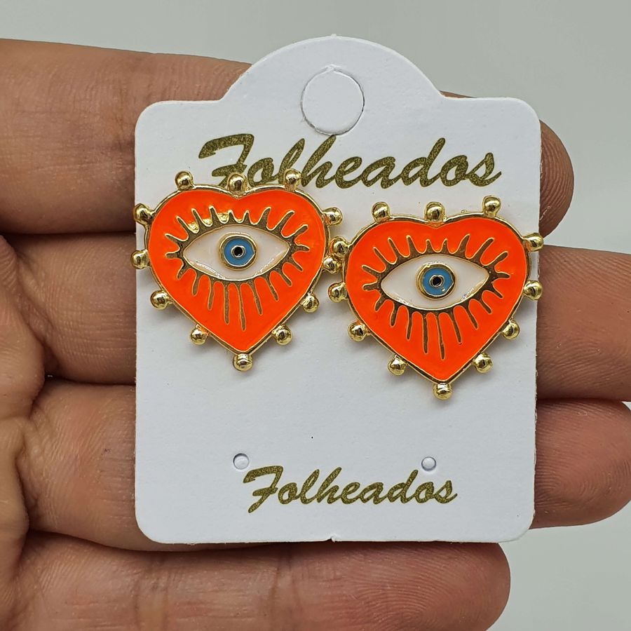 Brinco Folheado Dourado Coração Com Olho Grego Esmaltado Laranja 