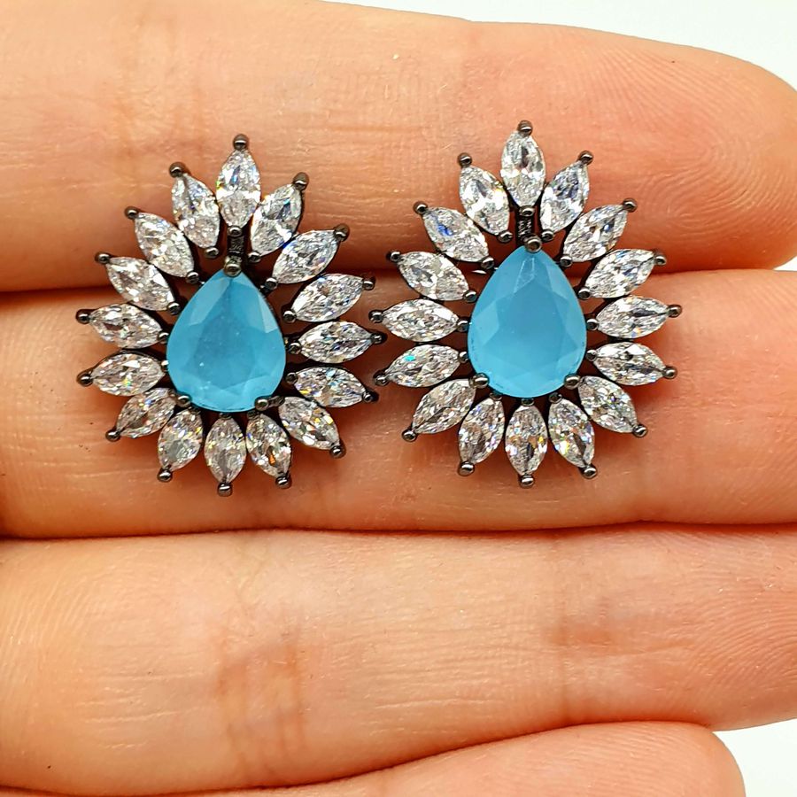 Brinco Semi Joia Ródio Negro Gota Azul 