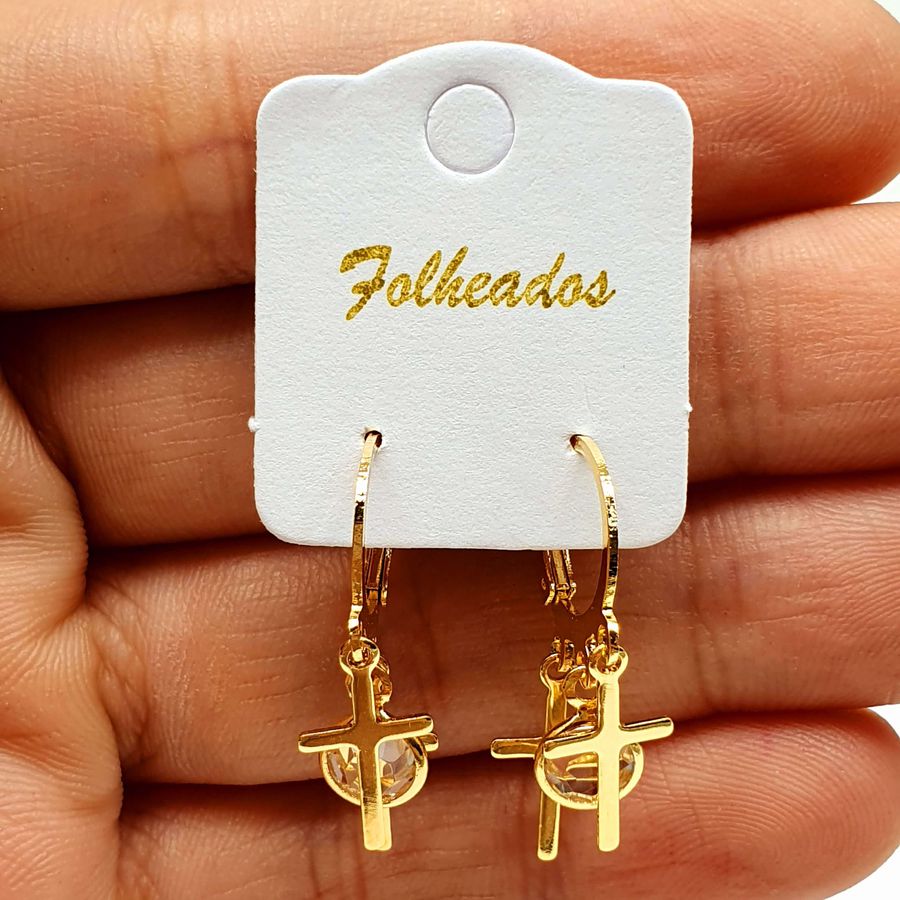 Mini Argola Folheada Dourada Cruz 