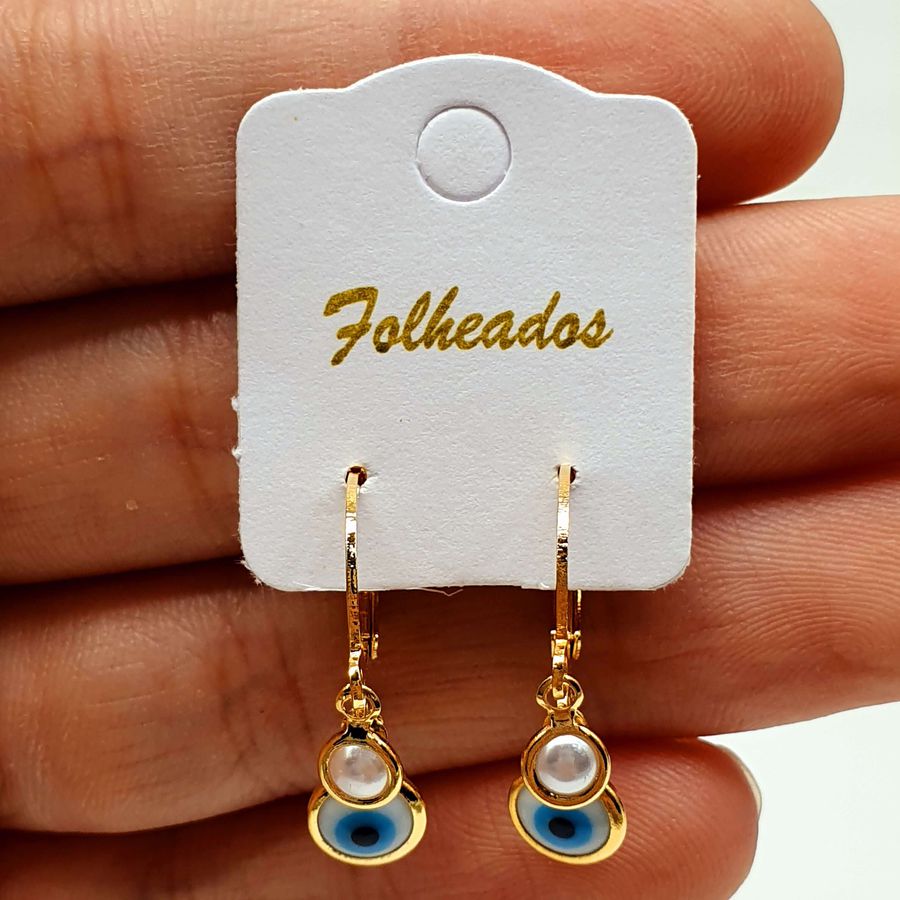 Mini Argola Folheada Dourada Olho Grego e Pérolas 