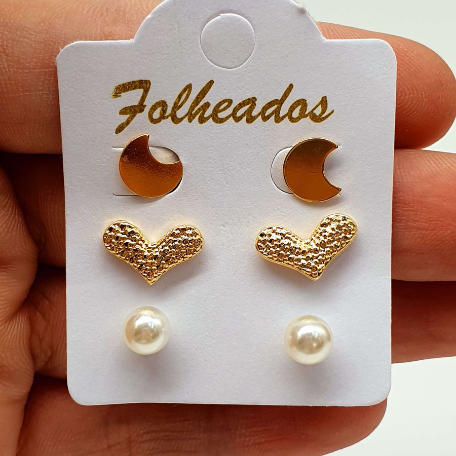 Kit De Brincos Folheados Dourado Coração 