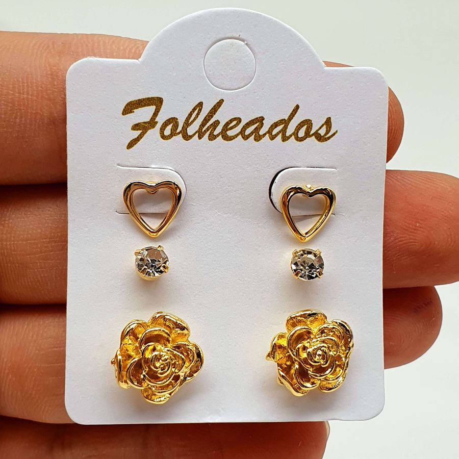 Kit De Brincos Folheados Dourado Flor 
