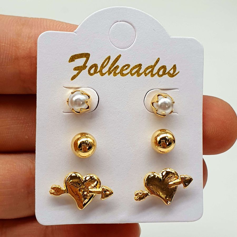 Kit De Brincos Folheados Dourado Coração Flechado 