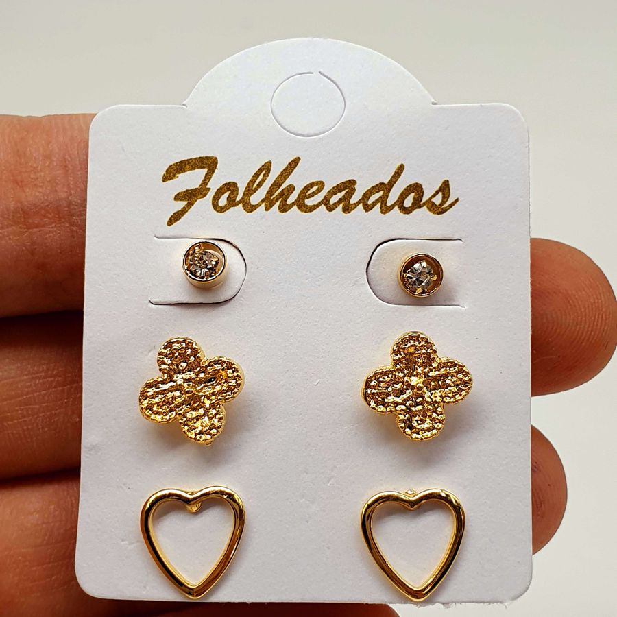 Kit De Brincos Folheados Dourado Trevo 