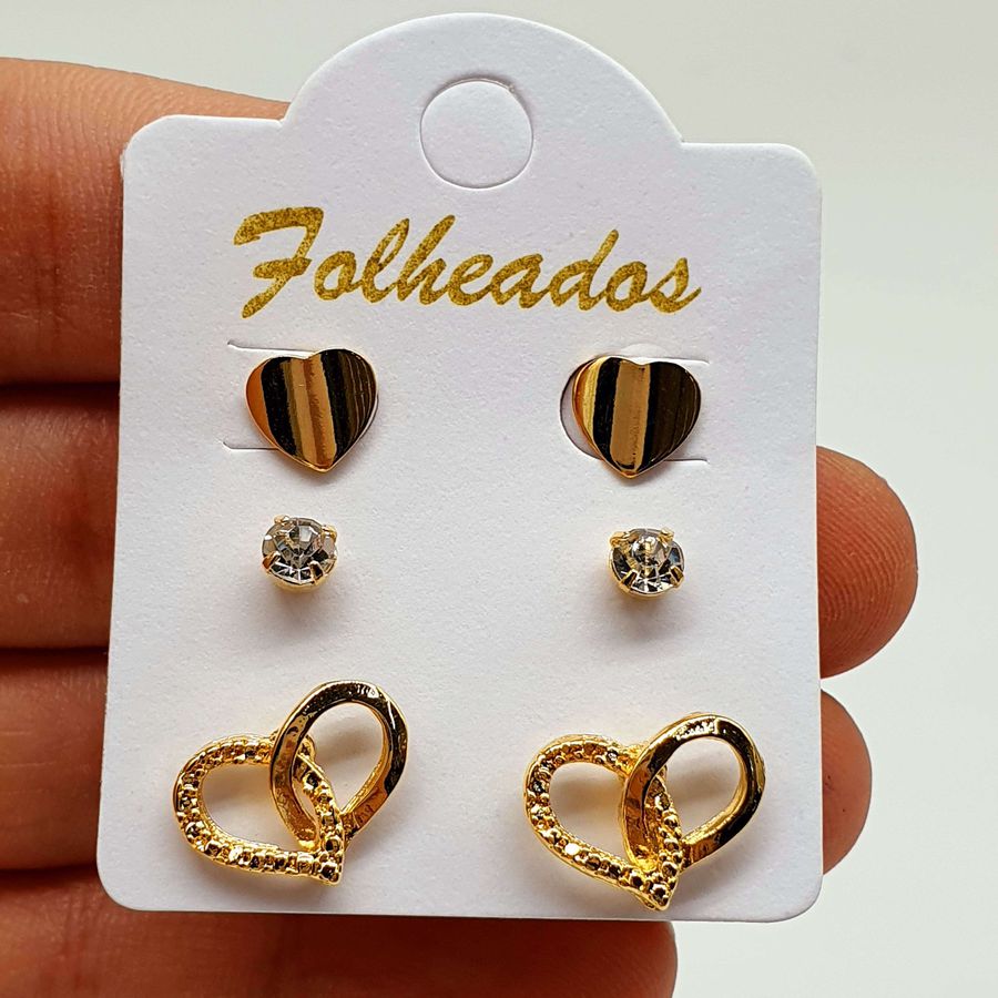 Kit De Brincos Folheados Dourado Coração 