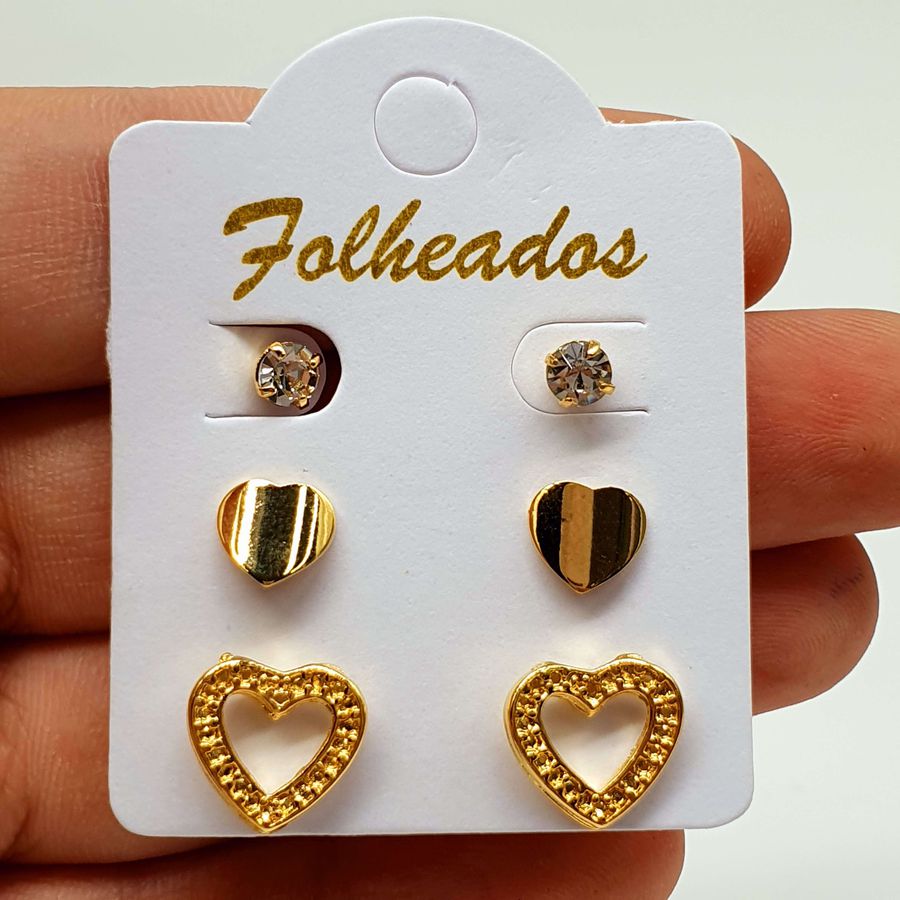 Kit De Brincos Folheados Dourado Coração 