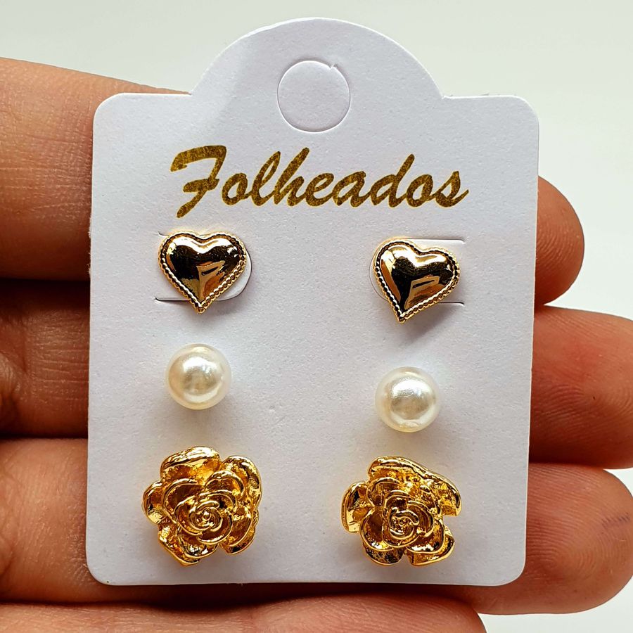 Kit De Brincos Folheados Dourado Flor 