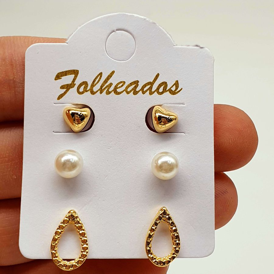 Kit De Brincos Folheados Dourado Gota 
