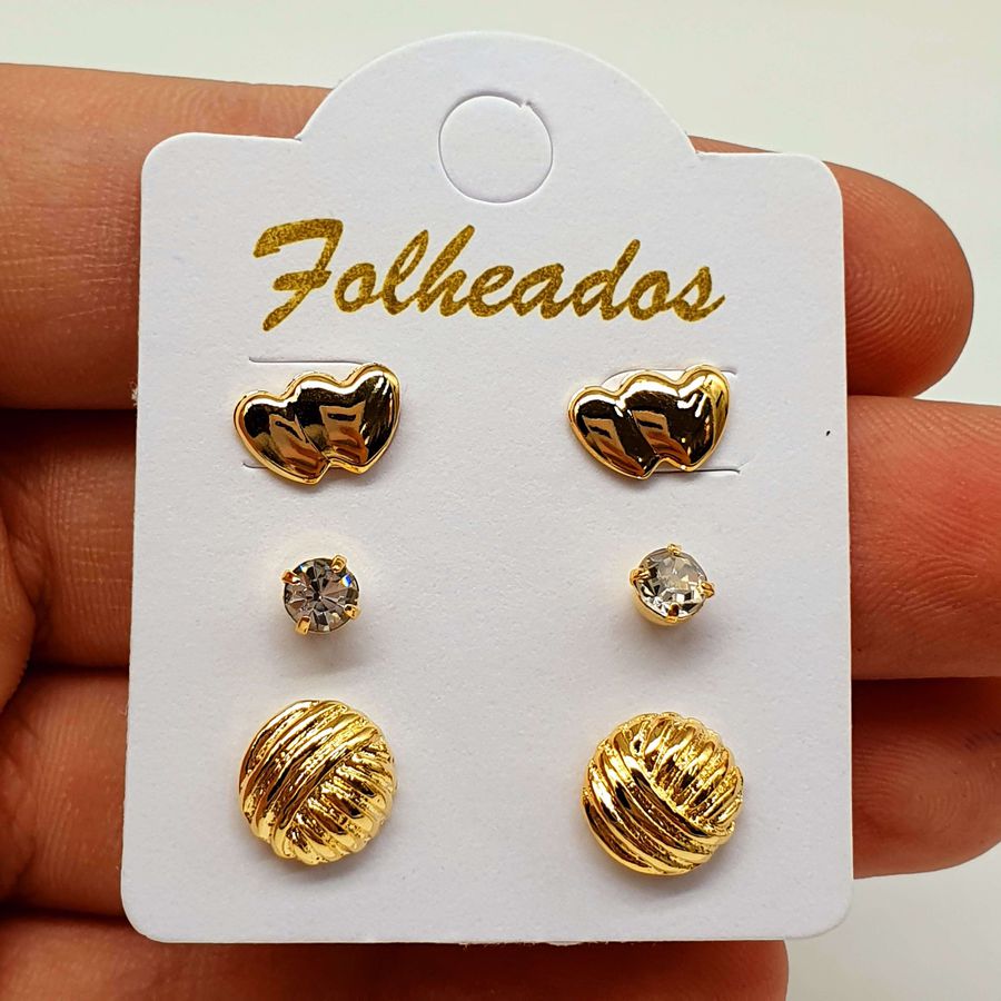Kit De Brincos Folheados Dourado Coração 