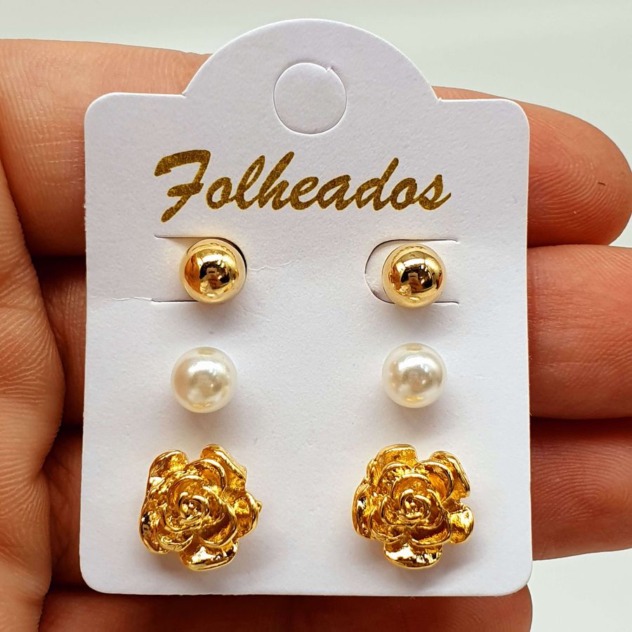 Kit De Brincos Folheados Dourado Flor 