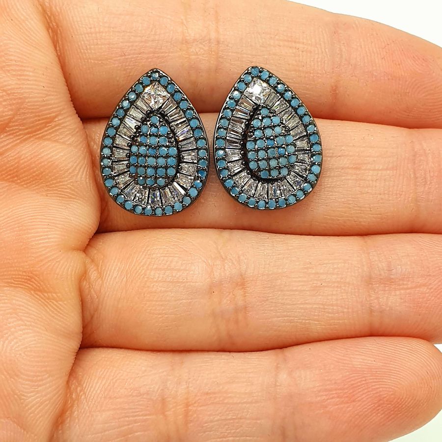 Brinco Semi Joia Ródio Negro Gota Azul 