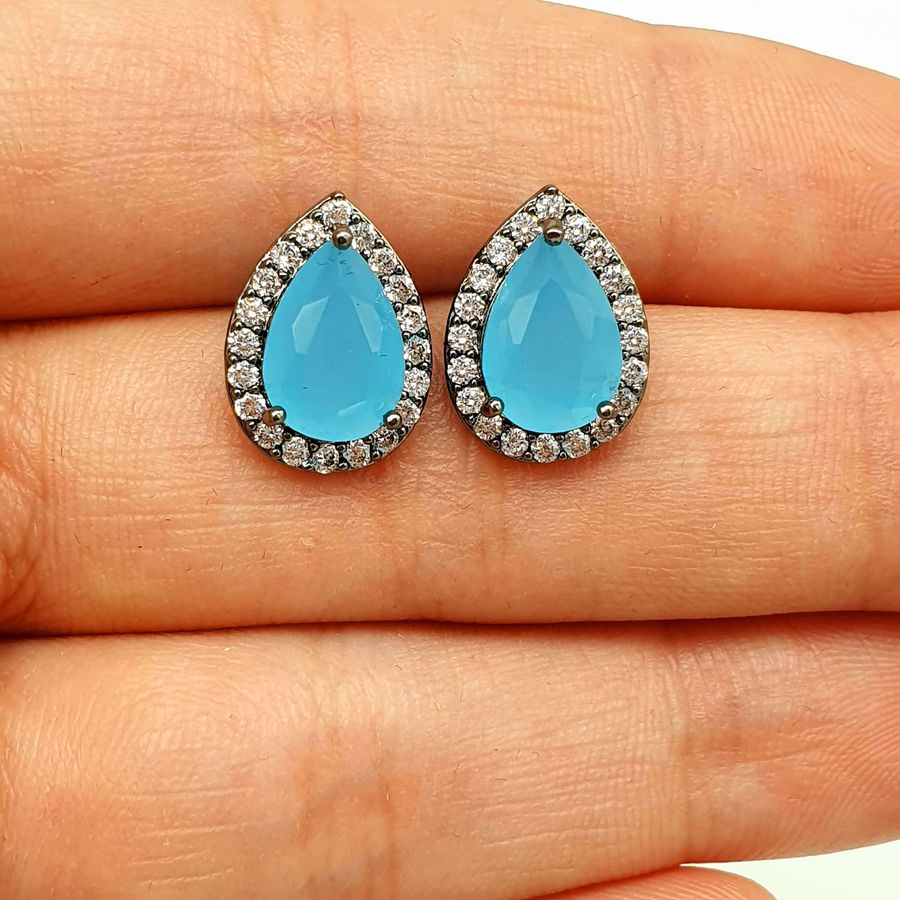 Brinco Semi Joia Ródio Negro Gota Azul 
