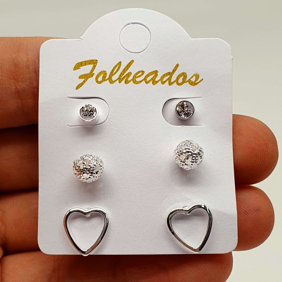 Kit De Brincos Folheados Prata Coração 