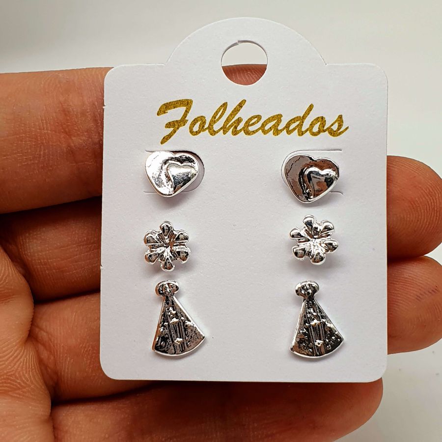 Kit De Brincos Folheados Prata Nossa Senhora Aparecida 