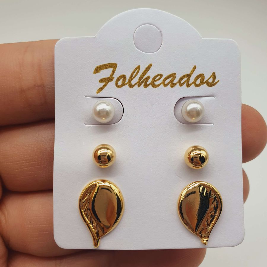 Kit De Brincos Folheados Dourado Gota 