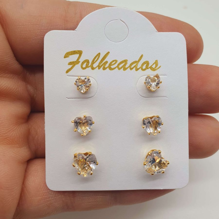 Kit De Brincos Folheados Dourado Coração Branco