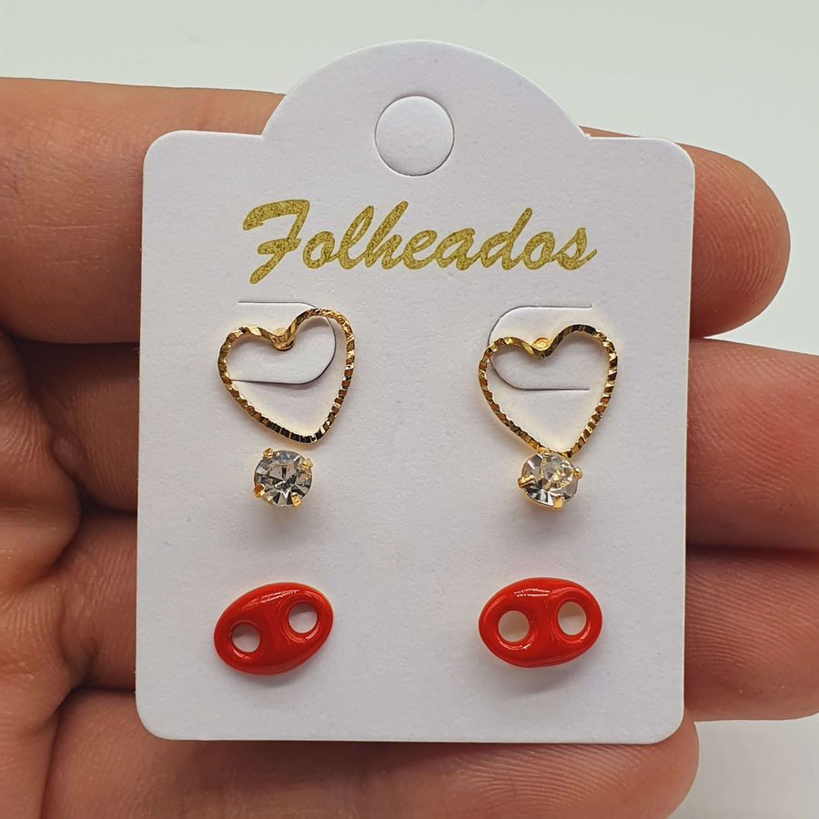 Kit De Brincos Folheados Dourado Lacre Vermelho 