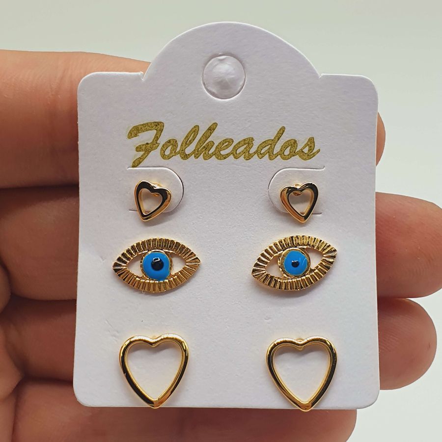 Kit De Brincos Folheados Dourado Olho Grego 