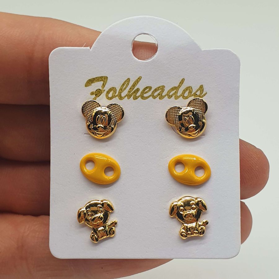 Kit De Brincos Folheados Dourado Mickey 