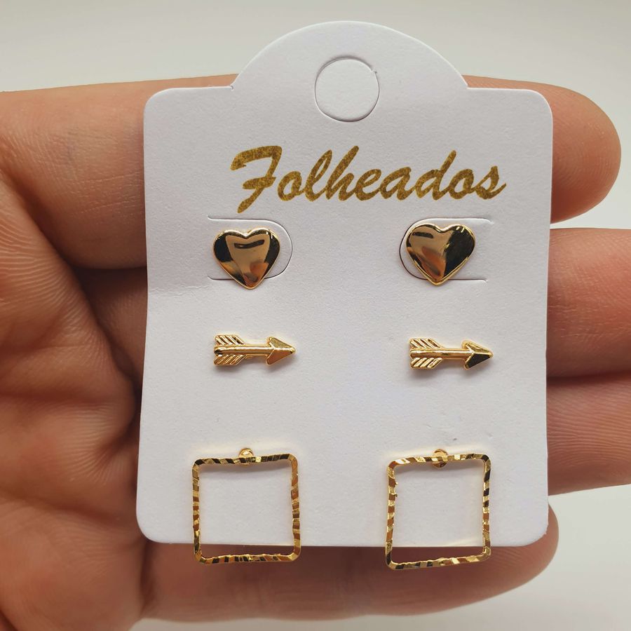 Kit De Brincos Folheados Dourado Flecha 